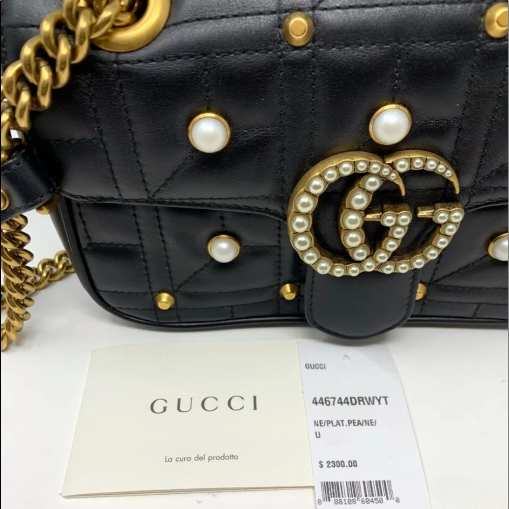 Gucci Marmont Black Leather, Pearl Studded Bag - Picture 2 of 7